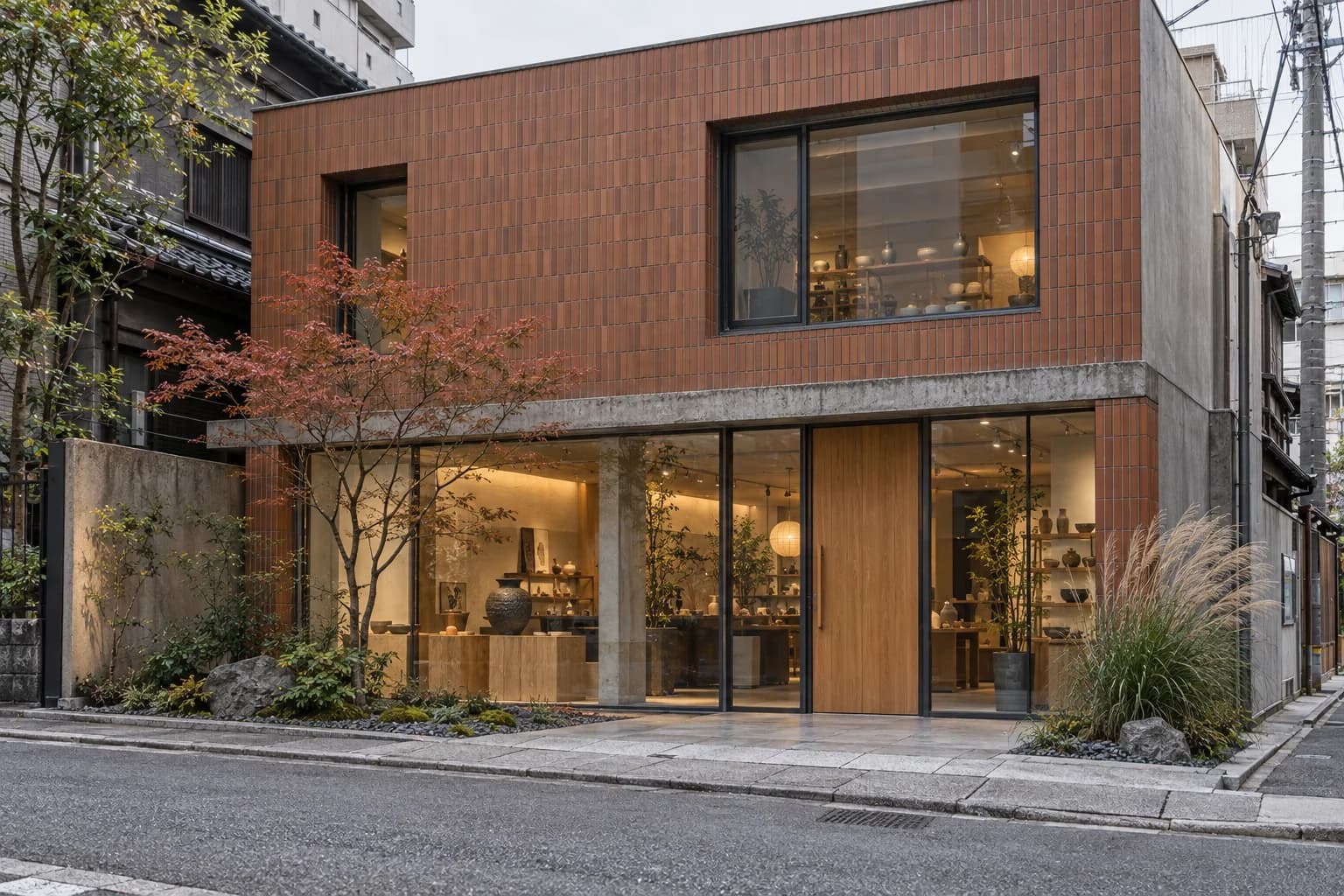 テラコッタの外壁と大きな窓、植栽が街並みになじむアトリエの建築イメージ