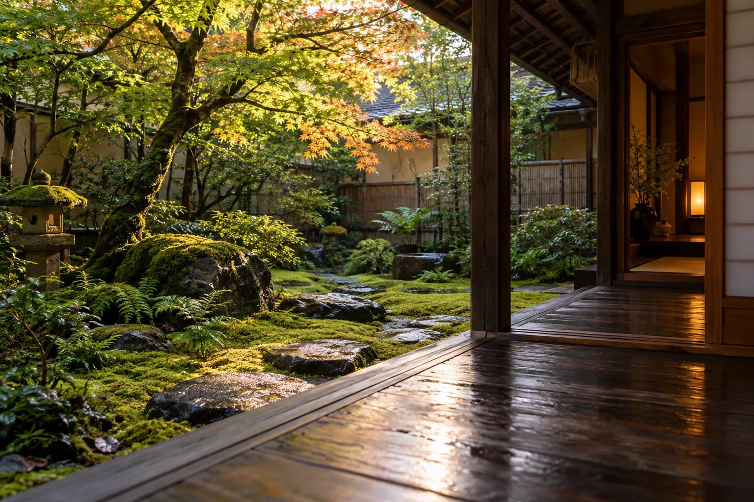 木の縁側から眺める、苔と楓の小さな日本庭園のイメージ