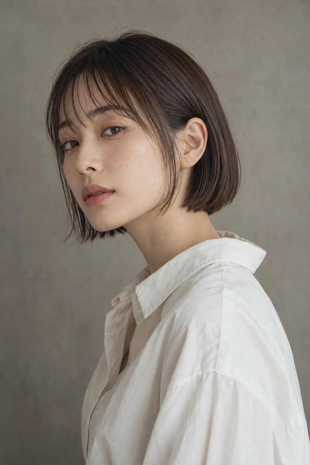 あごのラインに沿うシルエットと薄い前髪の、ダークブラウンのボブヘアのモデルイメージ