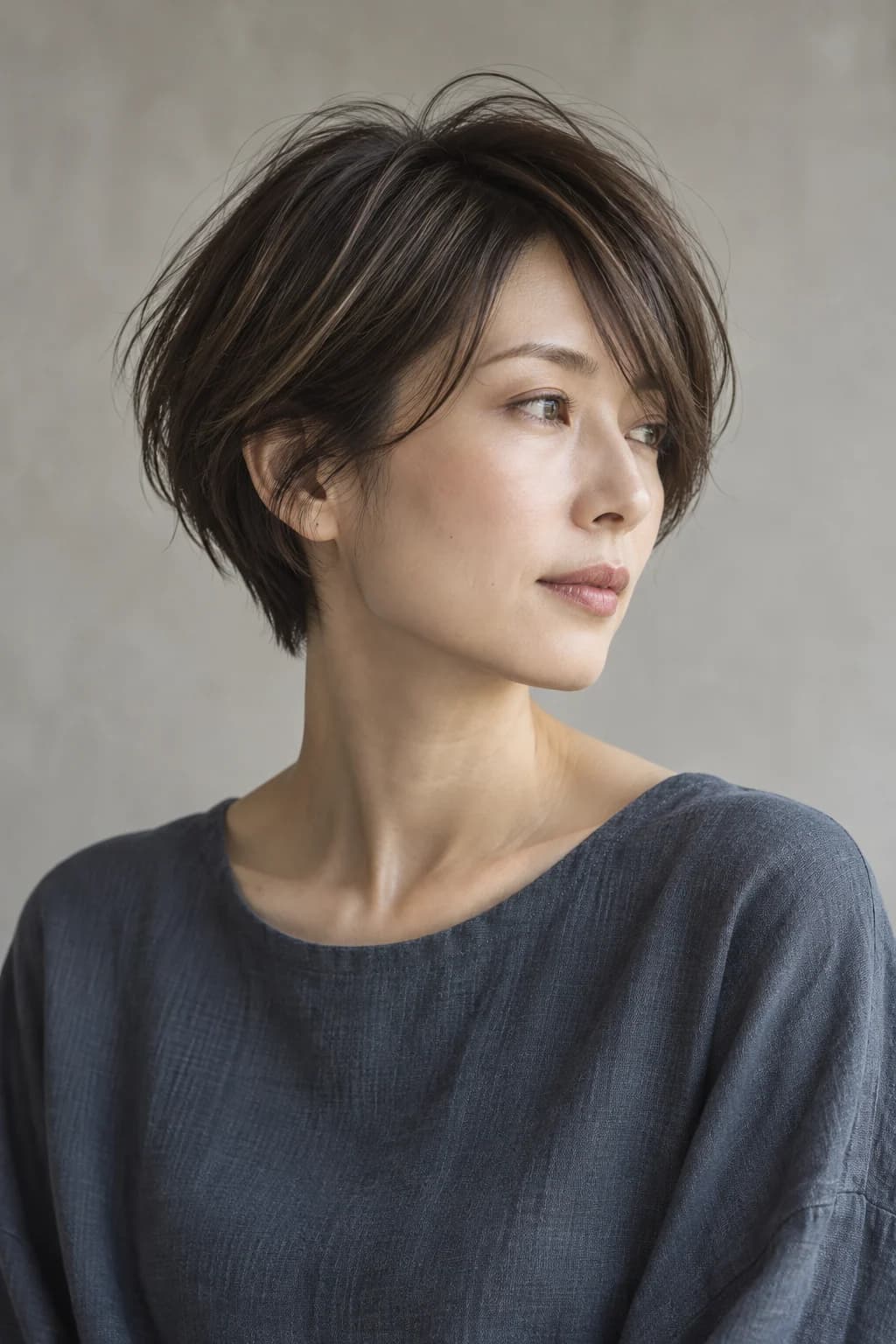丸みのあるシルエットと長めのサイドバングが印象的なショートヘアのモデルイメージ
