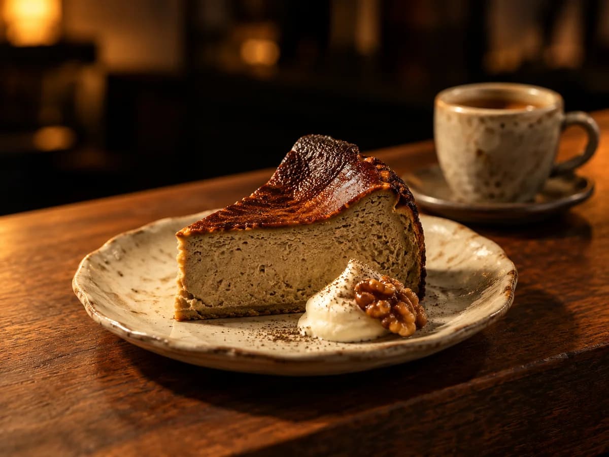 ほうじ茶のバスクチーズケーキと小さなコーヒーカップ