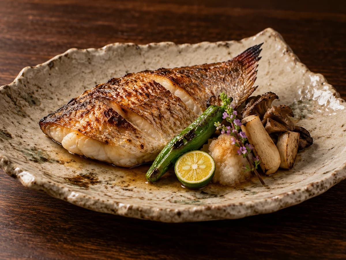 炭火で香ばしく焼いた魚と旬の野菜を盛り付けた一皿