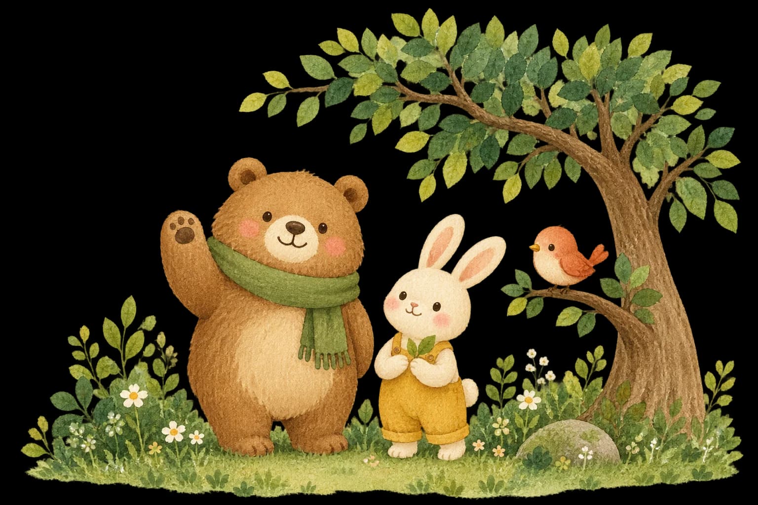 緑のマフラーのくま、黄色い服のうさぎ、小鳥が木の下で迎える、こもれびの森のともだち